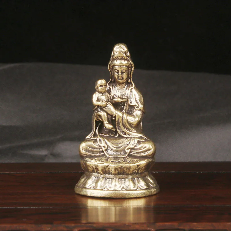 Vintage Pure Brass Fertility Guanyin Statue Desktop Ornament Copper Craft Antique Collectible Home Decor Figurine Gift