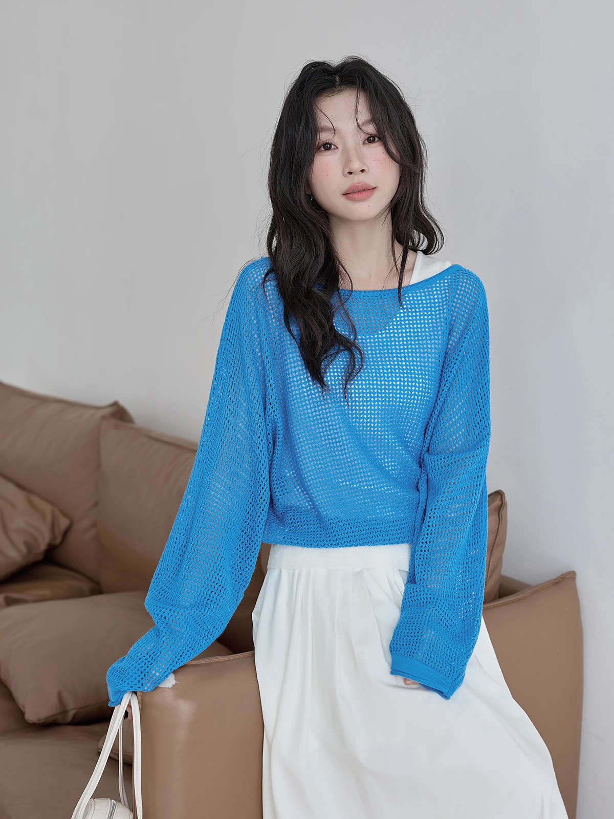 

Blue Knitted Strap Two-Piece Set Women's Spring 2026 New Hollow out Design Top Casual Comfortable Loose Fit Long Sleeve round...