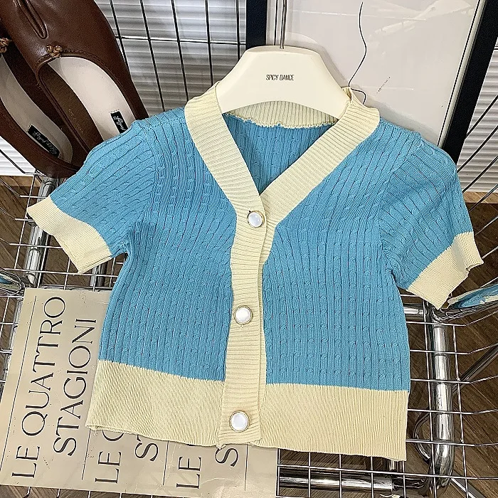 Vrouwen Button Up Korte Mouw Gebreide Top Colorblock V-hals Ingericht Crop Gebreid Vest Zomer Koreaanse Mode Tiener-meisje Outfit