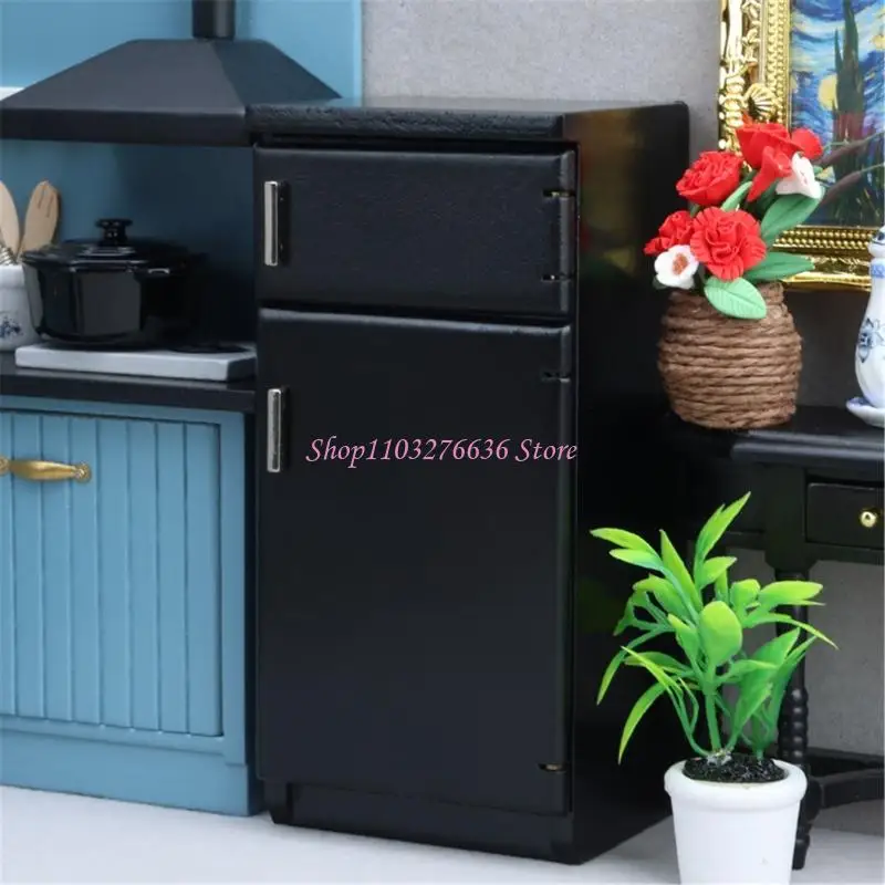 ثلاجة R6FD لبيوت الدمى، قطعة زخرفية خشبية سوداء لمشهد صغير