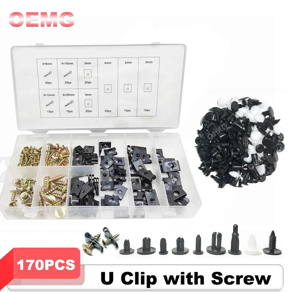 170PCS Car Motorcycles Metal Screw Fastener Clips U Type Clip For Car Bumper Fender Trim Panel Fastener Retainer Clip Gasket