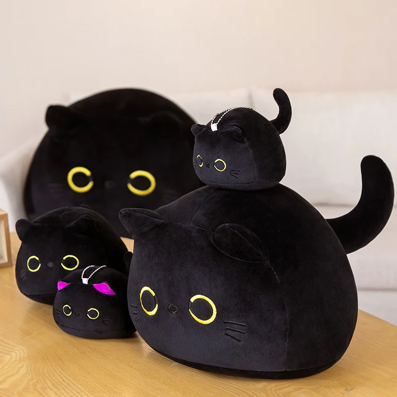 Coussin de sieste en peluche chat boule ronde pour enfants, jouets en peluche doux, animal de dessin animé, chats noirs beurre, cadeau de Noël et