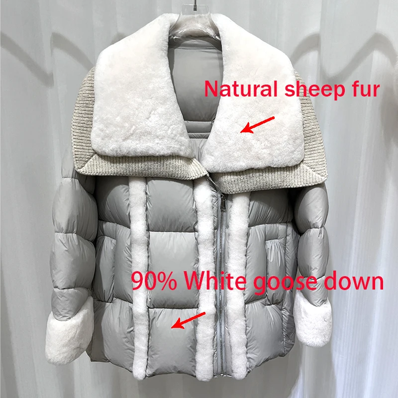 2024 New Winter Women Warm Goose Down Jacket Natural Sheep Real Fur Collar Coat Luxury Thick Outwear Female Coat