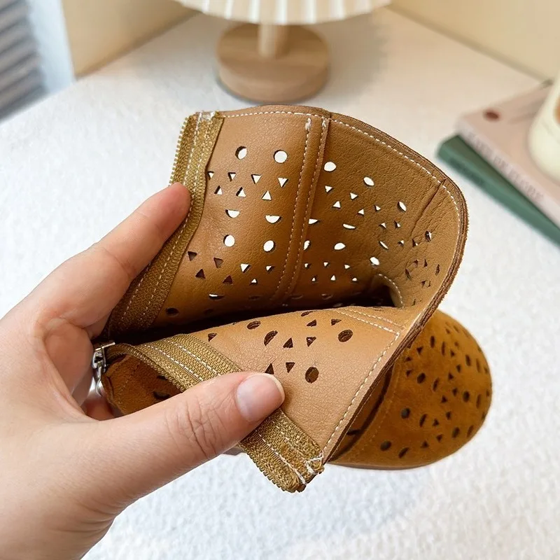 

Hollow Round head Vintage Rome Boots Girls Summer Children's Shoe Low-heel Knee High Barefoot Sandals Girl Suede Knight Booties