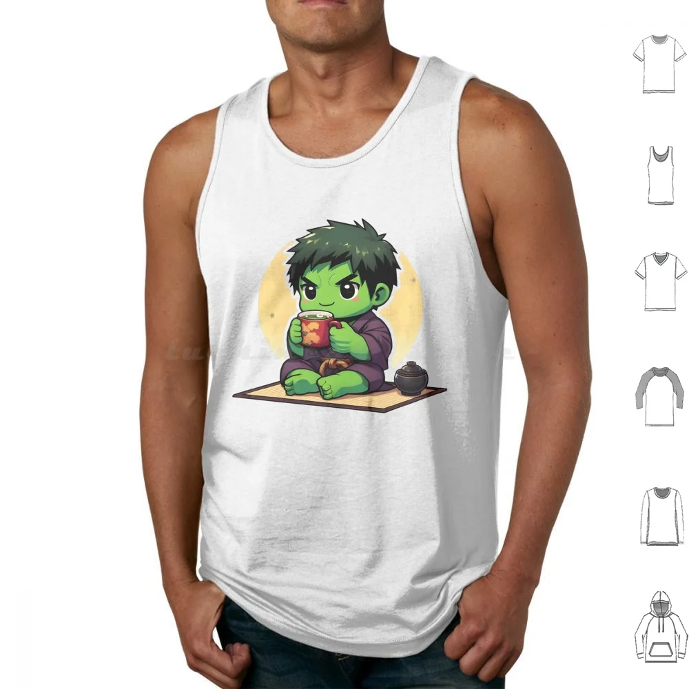 Drink Green Tea Tank Tops Print Cotton Drink Green Tea Tatami Japanese Chibi Cute Enjoy Calm Anime Cartoon Happy Kimono