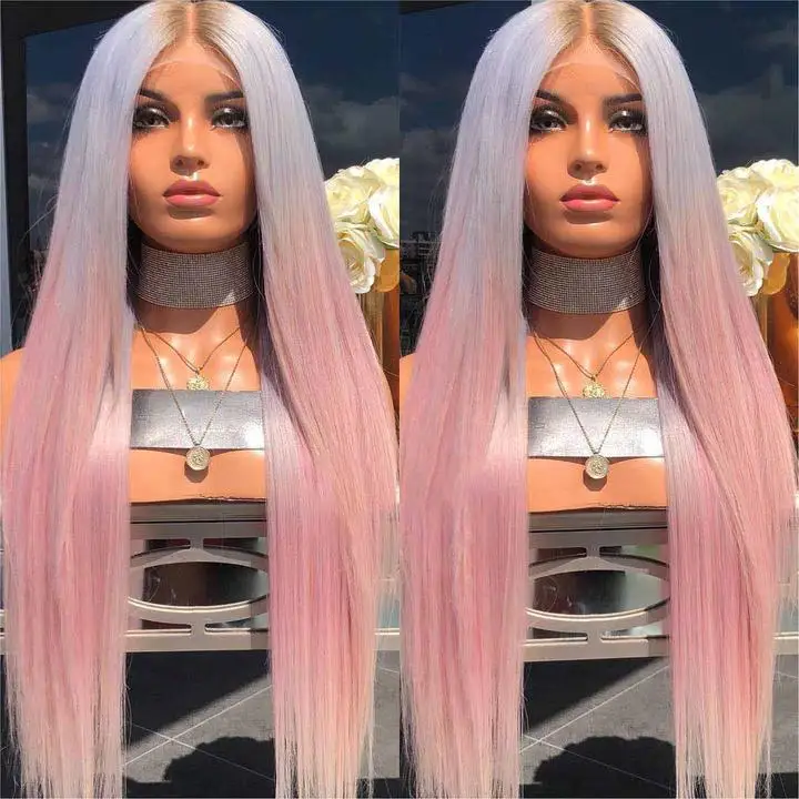 Popular classic style, highlighted black, blue, and pink, women's long straight hair wig, lightweight and long bangs