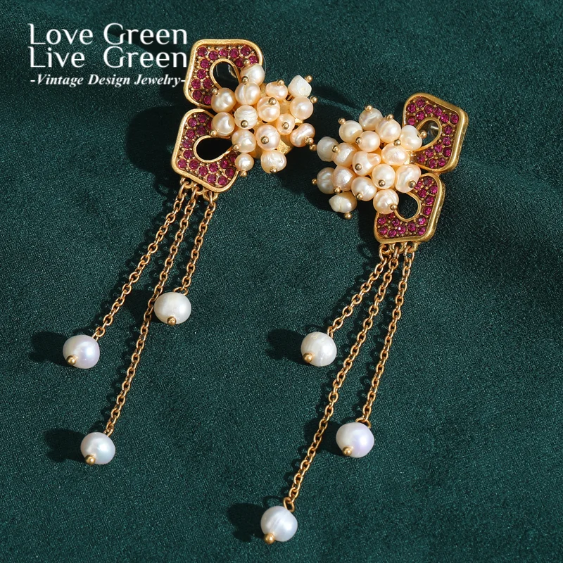 

Vintage Plum Blossom Pearl Earrings Luxury Freshwater 2025 Long Tassel Jewelry Designer Quality For Woman Rhinestone Accessories