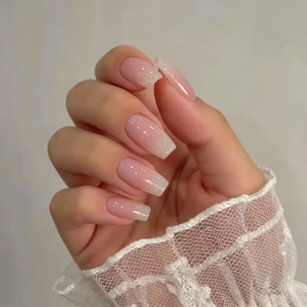 24pcs Gradient Fake Nails French Ballerina Nail Waterproof Faux Medium Coffin False Nails Fingernails Press on Nails Tips view 2