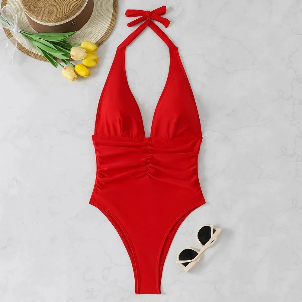 Sexy Red Bikini Deep V Pleated Waist Swimsuit Halter Bandage Backless Vacation Swimwear Women Bikinis Mujer Biquini Beach Outfit