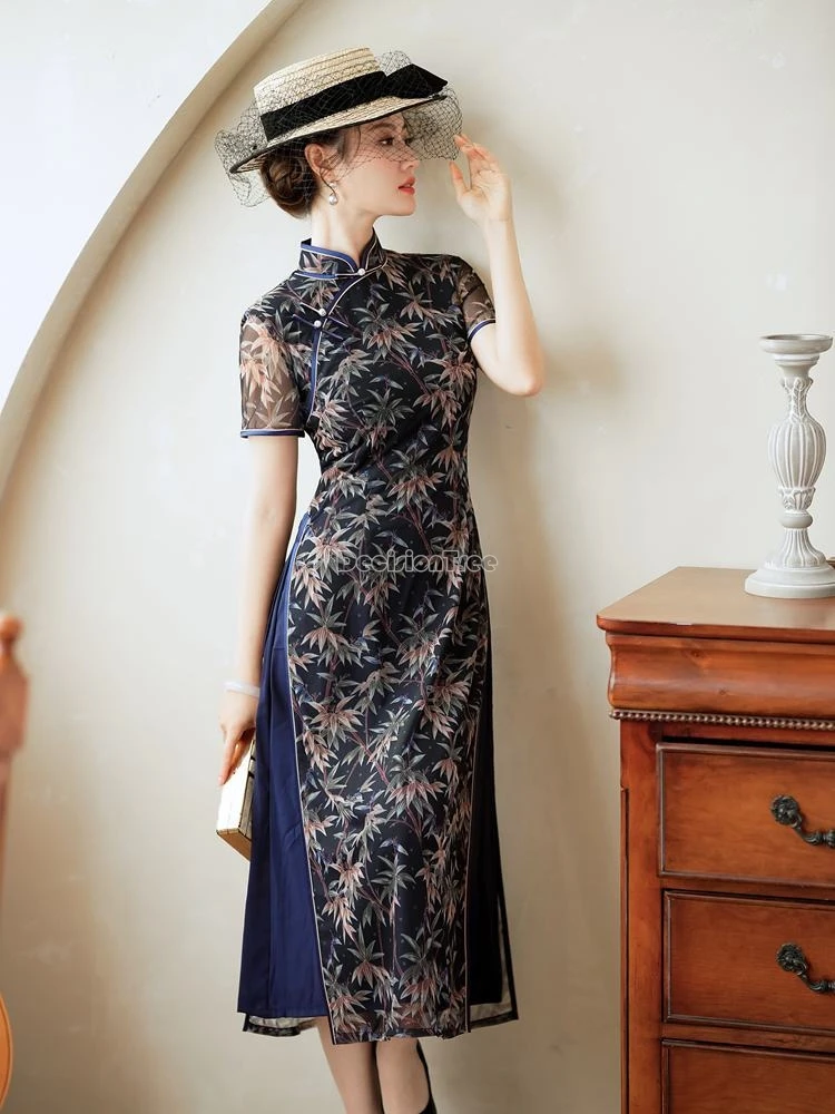 

2024 new vietnam aodai improved cheongsam chiffon dress elegant temperament lady party vestido exquisite floral embroidery dress