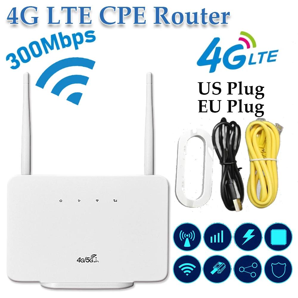 4G LTE CPE Wireless Router 4G Modem 300Mbps RJ45 LAN WAN External Antenna Wireless Wifi Hotspot with SIM Card Slot for Home