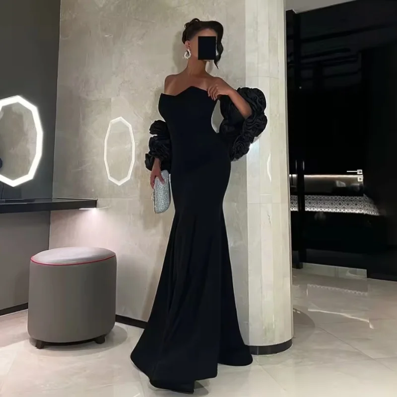 

Arabic Evening Dresses Sweetheart Black Mermaid Prom Dress Flower Sleeves Women Party Gown Customized فساتين سهرة
