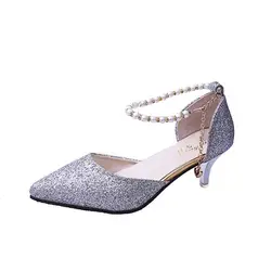 Fashion Pointed Toe Wedding Bride High Heels Shoes Female Low Small Heel Sandals Party Gold Silver Women Pumps