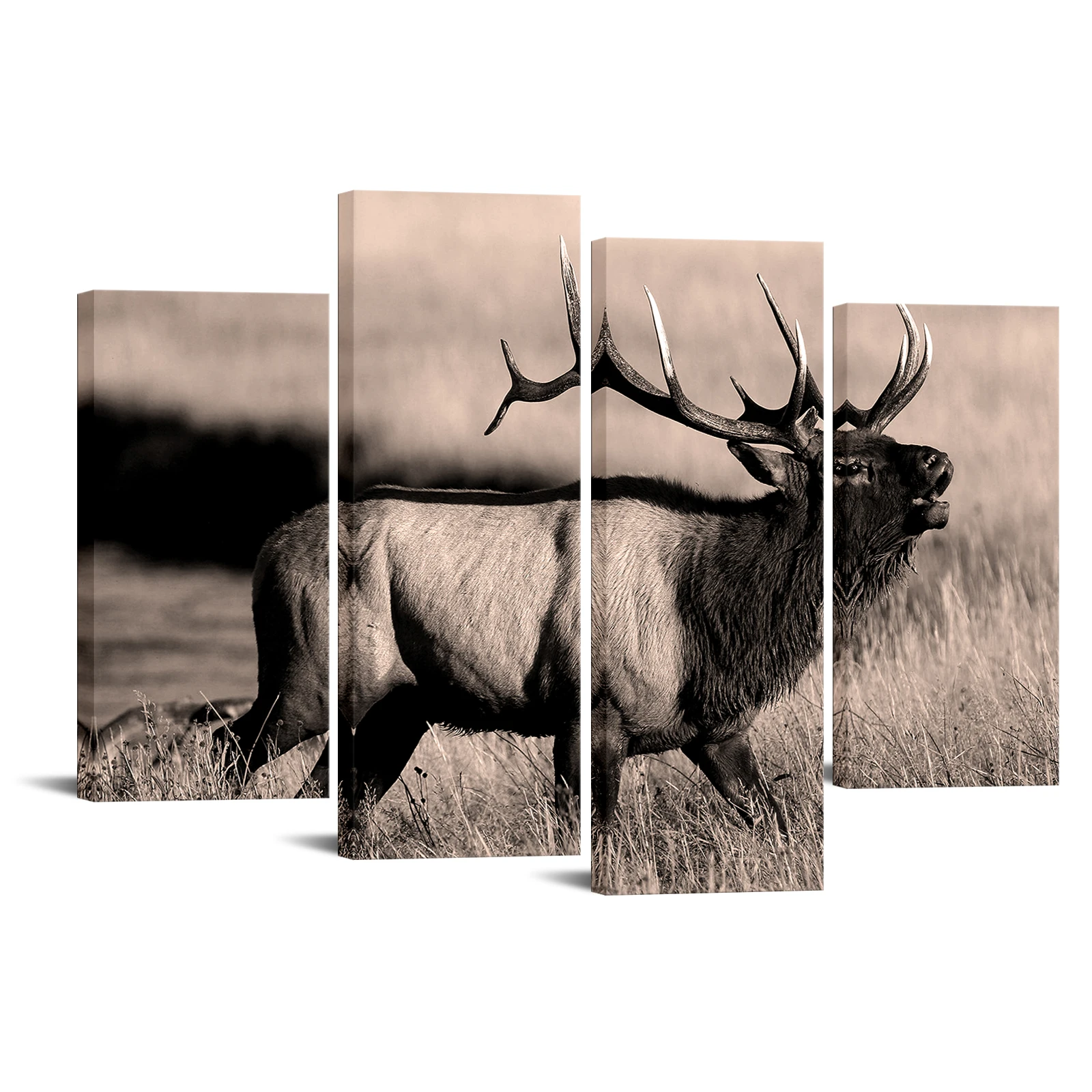 4 Pieces Deer on Grassland Poster Wall Art Wild Animal Print Canvas Painting Modern Style Pictures Living Room Home Decor