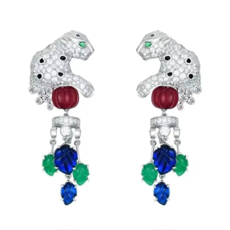 Bellux 925 Silver White Gold Plated Synthetic Zircon Earrings Animal Series Red Green Blue Gems Carving Leopard Tassel Earrings