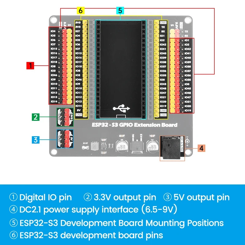 For ESP32-S3 GPIO Expansion Board 44-Pin Digital IO Module DC Powered IOT Development Board Arduino IDE