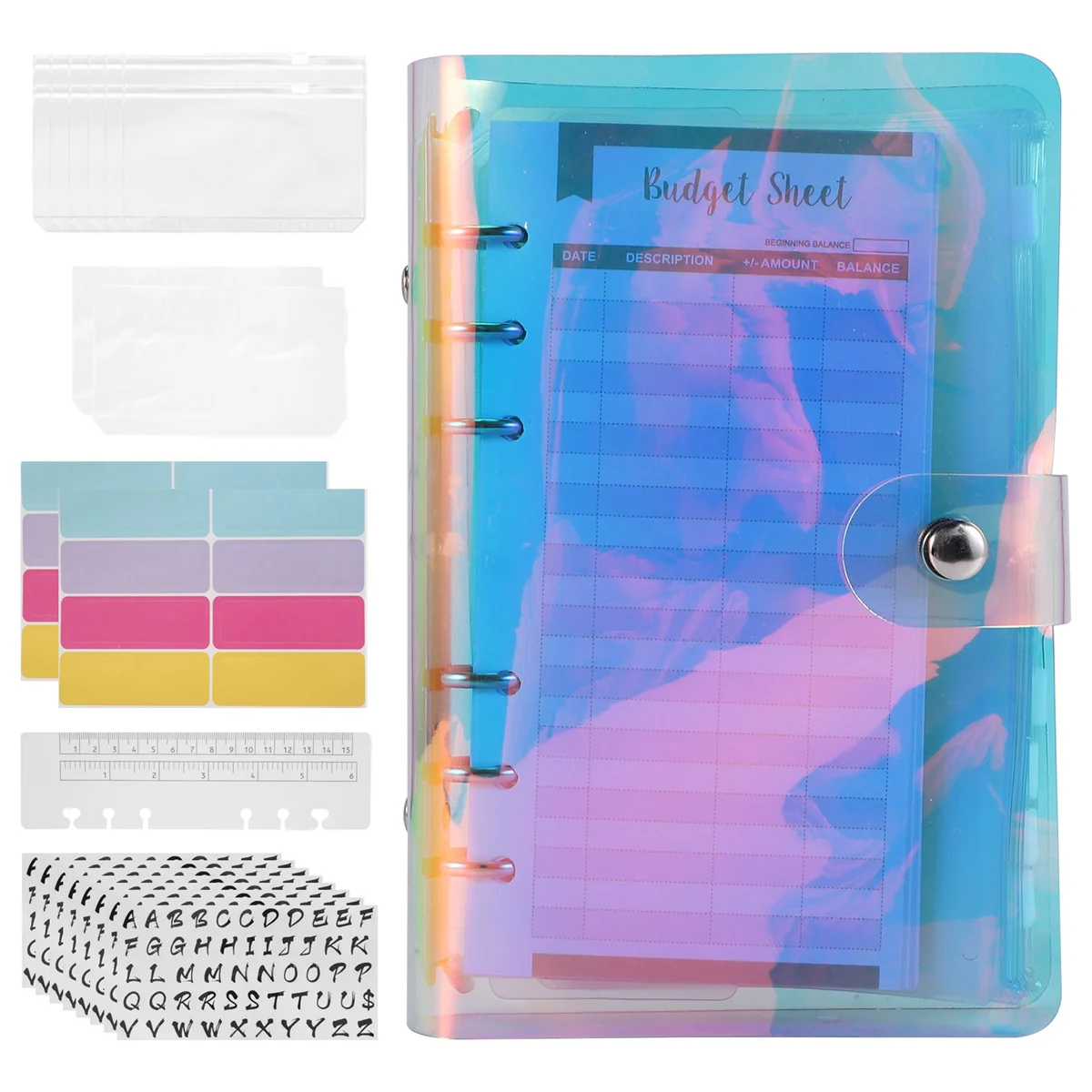 38 Stuks Budget Organizer Binder Cash Envelop Systeem, Stickers, Budgetbladen, Pvc Tassen, Voor Geldplanner, Holografische Kleur