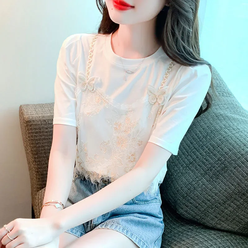 Summer Short Sleeve Women T-shirt Sweet O-neck White Tops Lace Patchwork Blouse Elegant Casual Clothing