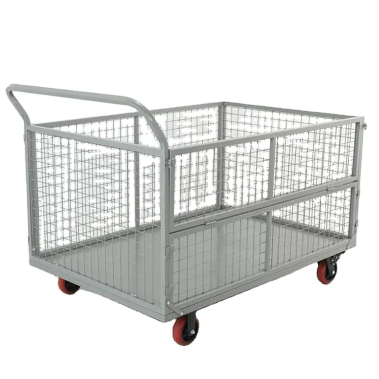 Hotel Stainless Steel Foldable Multi-functional Wire EDM Fence Pushcart Courier Warehouse Loading Goods Vehicle Cage Cart