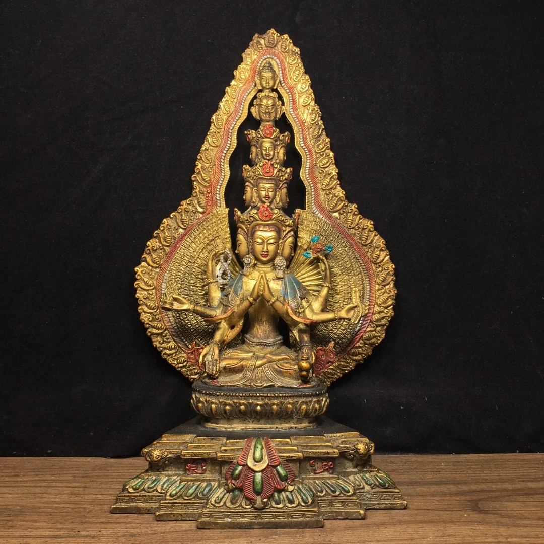 

11”Tibetan Temple Collection Old Bronze Painted Cundhi Bodhisattva 1000 arm Guanyin Sitting Buddha Worship Hall Town house