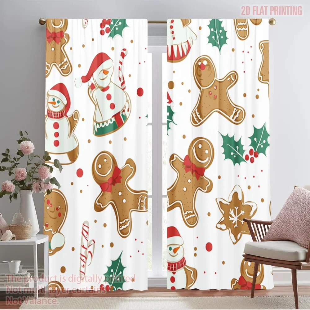 2pcs,2D plane printing Curtains Christmas Cookies Snowman Tree Reindeer (2) Polyester (without rod) Holiday for Various Room