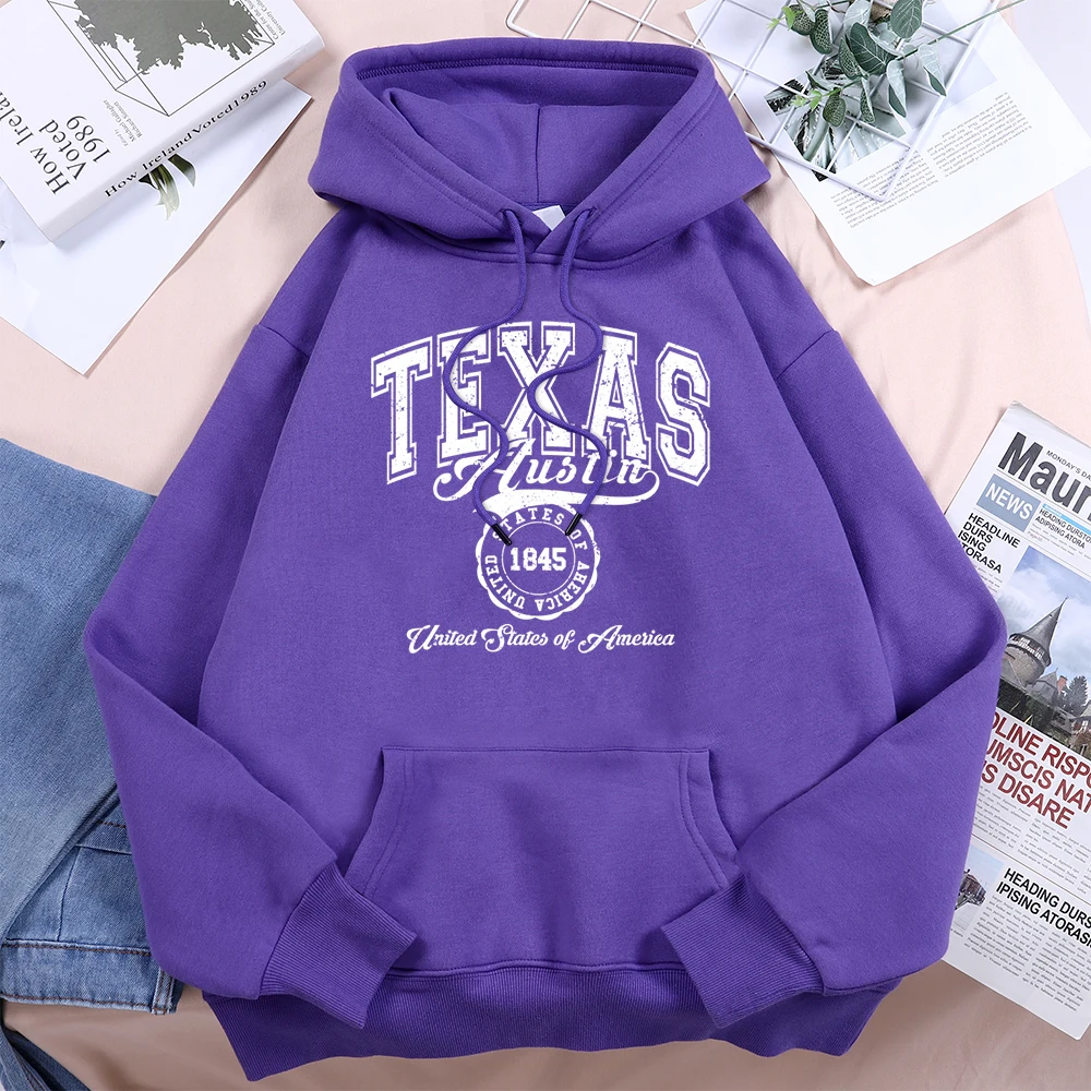 Texas Austin United States Of America Hoodies Women Fleece Crew Neck Hooded Creative Novelty Hoodie Street Harajuku Unisex Tops