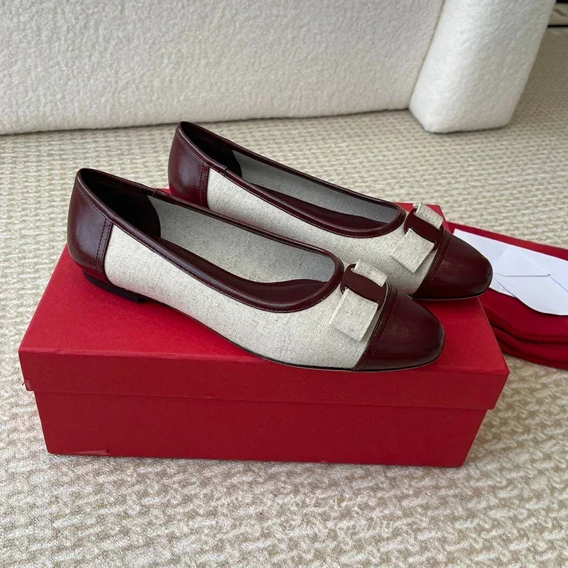 2024 summer and spring new color matching bow flat shoes cowhide patchwork linen elegant women\'s light mouth single shoes