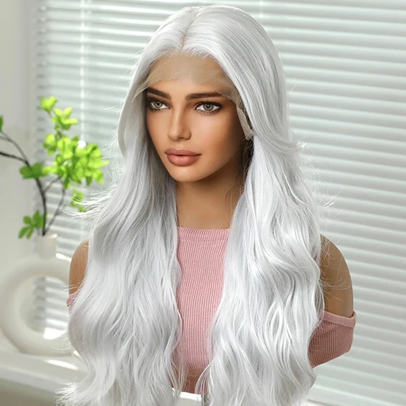 Synthetic Wigs Wavy 13*6 Lace Front White Color Daily Party Cosplay Wig with Side Bangs for Women Ladies Natural Use Soft Soft