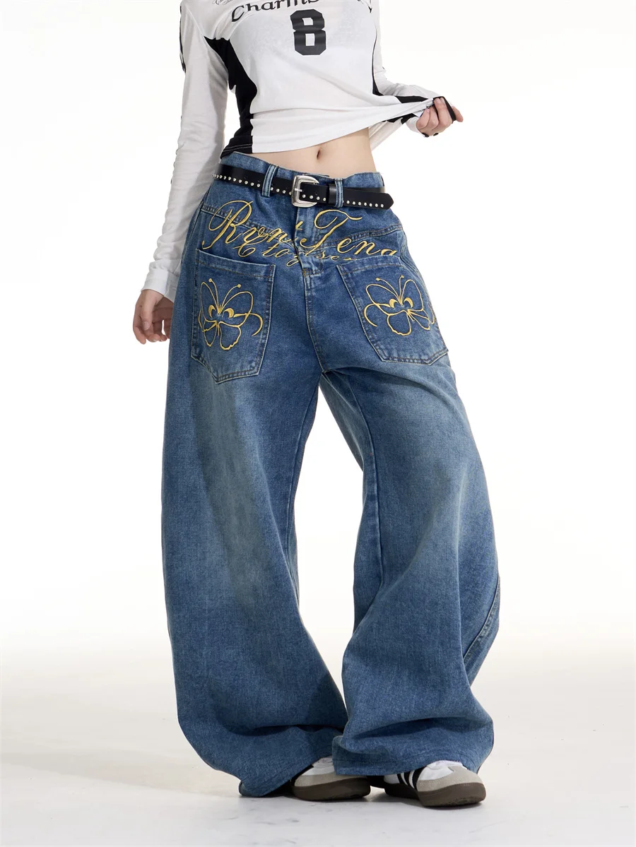 

Onlpp American Retro Spicy Girl Embroidered Jeans Women's Loose Slimming Wide Leg Pants Fall 2025 New Style Ladies Jeans
