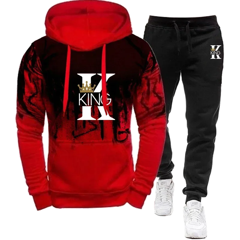 

King Printed Men's Tracksuit Autumn Spring Sweatshirt and Sweatpants 2 Pieces Sets Fashion Casual Streetwear Male Outfits S-4XL