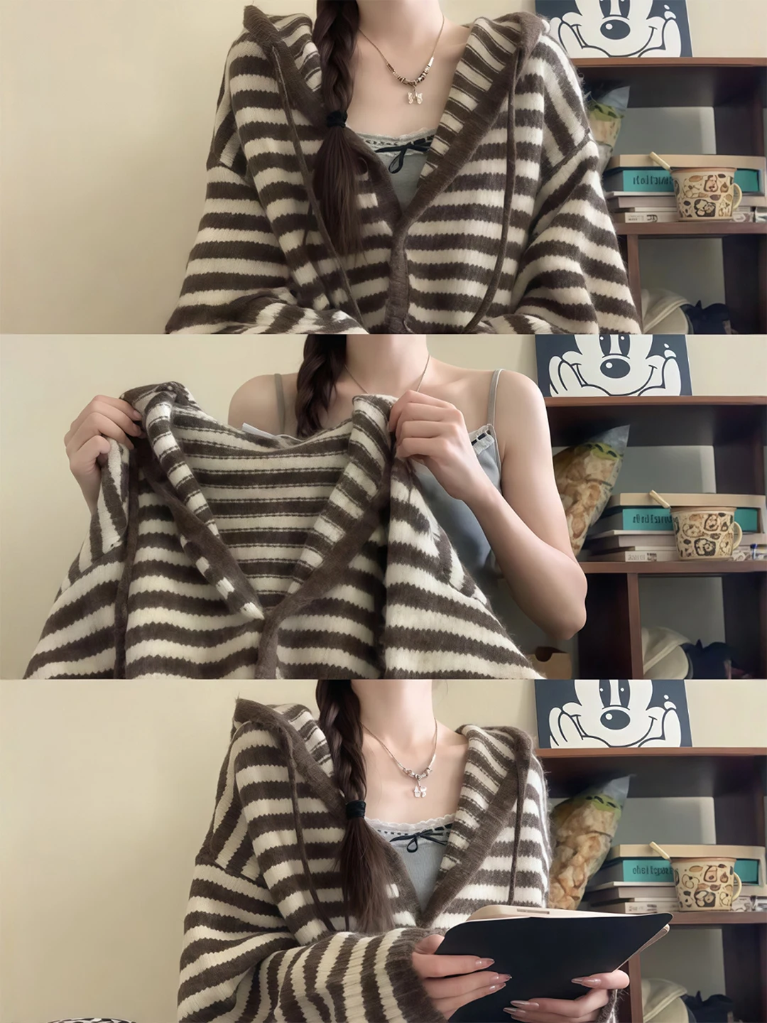 

Korean Lazy Sle Coffee Striped Hooded Knitwear Coat Women's Autumn Winter Mid-Length Knitted Sweatirt Open Cardigan