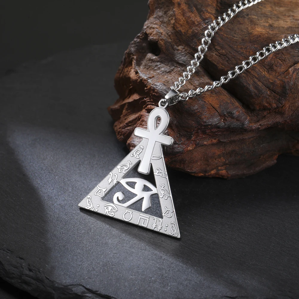 Ankh Cross Eye of Ra Necklace Egyptian Hieroglyphs Pyramid Pendant for Men Women Stainless Steel Spiritual Protection Jewelry