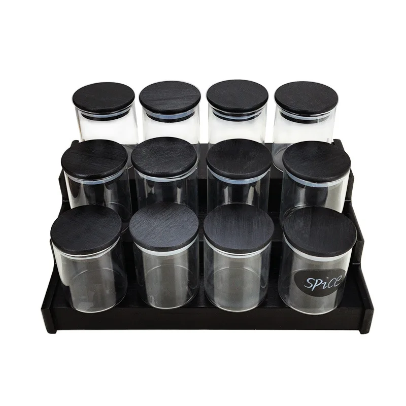 Round Glass Storage Jars, Black Bamboo Cover, Sealed Glass Bottle, Kitchen Seasoning Tank, 175ml, 12 Units