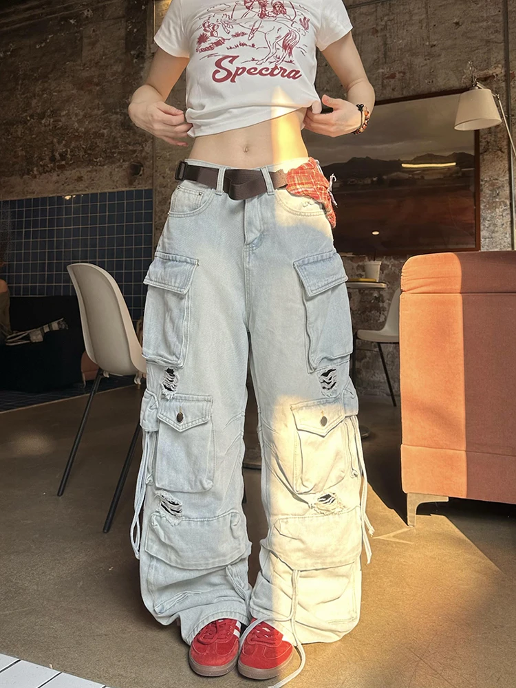 

Ретро-джинсы в американском уличном стиле, выцветшие, светло-голубые, с множеством карманов, свободного кроя, унисекс, широкие брюки с высокой талией, длинные штаны