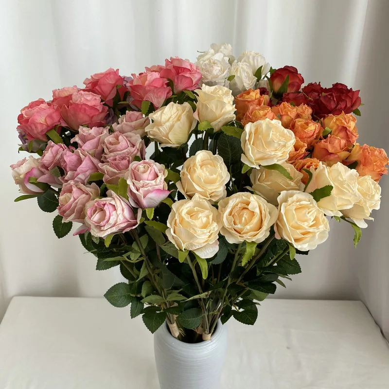 Simulated Silk Flowers Bulgarian Rose Bouquet Wedding Floral Home Living Room Balcony Decoration Artificial Champagne Red Roses