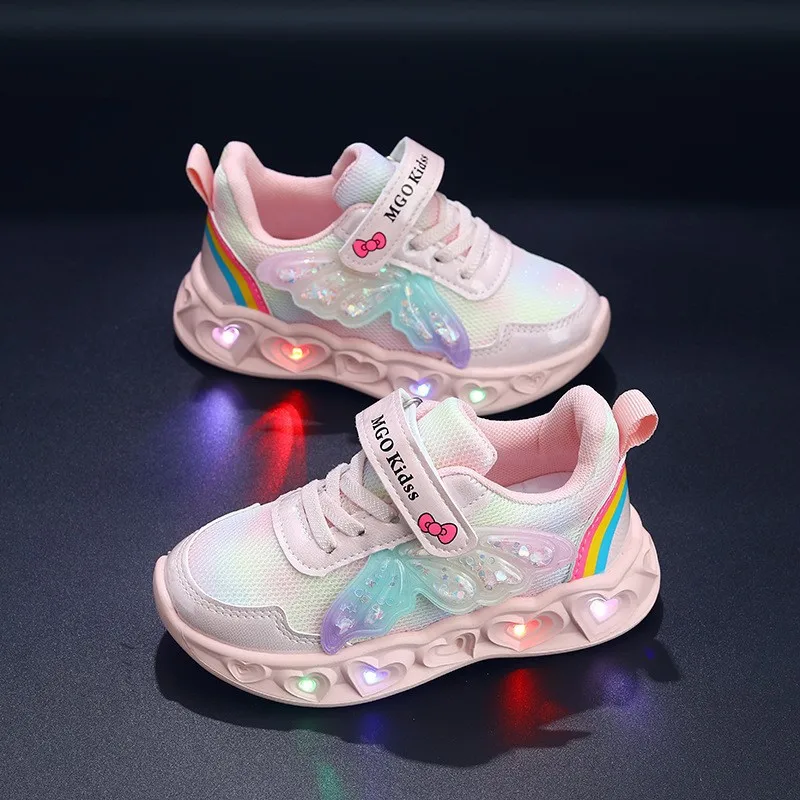 Kids'Casual Shoes PU Leather Led Light Fashion Spring Shoes For Girls Anti-slip Breathable Pink Purple Shoes Size 21-30