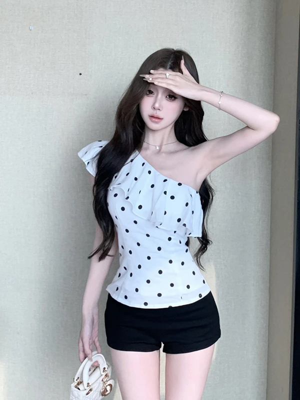 Ele ポルカドット アシンメトリー ショルダーストラップ ベスト レディース 夏 アウター ユニーク 美しい ウエストシェイプ オフショルダー イルト