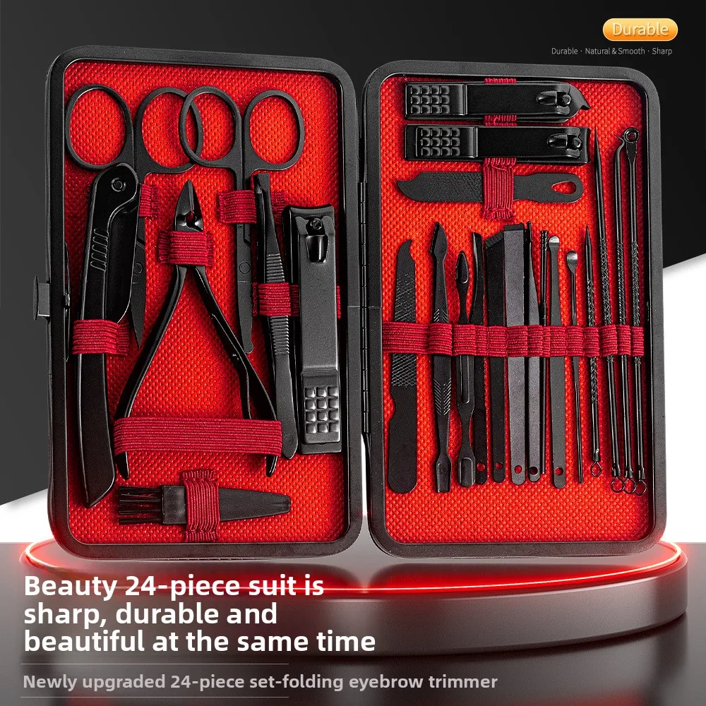 Black and red 24-piece nail set, ear scoop, oblique nail clippers, nose hair clippers, forceps, manicure set