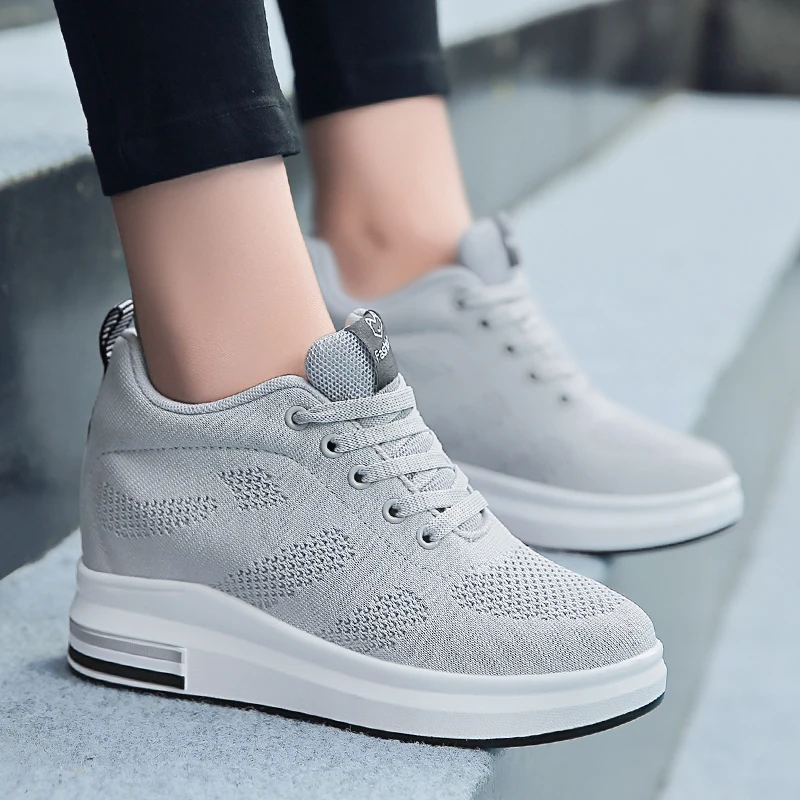 8.5CM Heel Women Walking Fitness Mesh Lace-up Light Loafer Summer Sports Shoes Outdoor Flats Breathable Sneakers Size 34-39