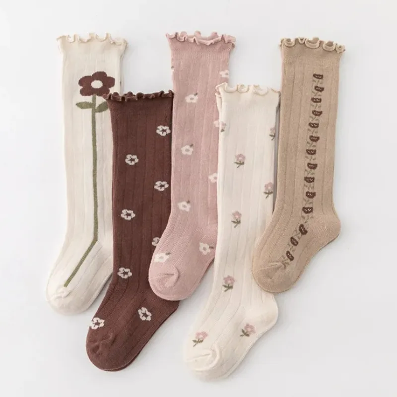 Spring Autumn Winter Korean Flower Striped Knee High Long Socks Warm Thermal Kids Children Girls Socks Baby Toddler Newborn Sock