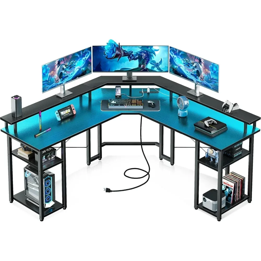 L Shaped Gaming Desk with LED Lights & Power Outlets, Reversible 56