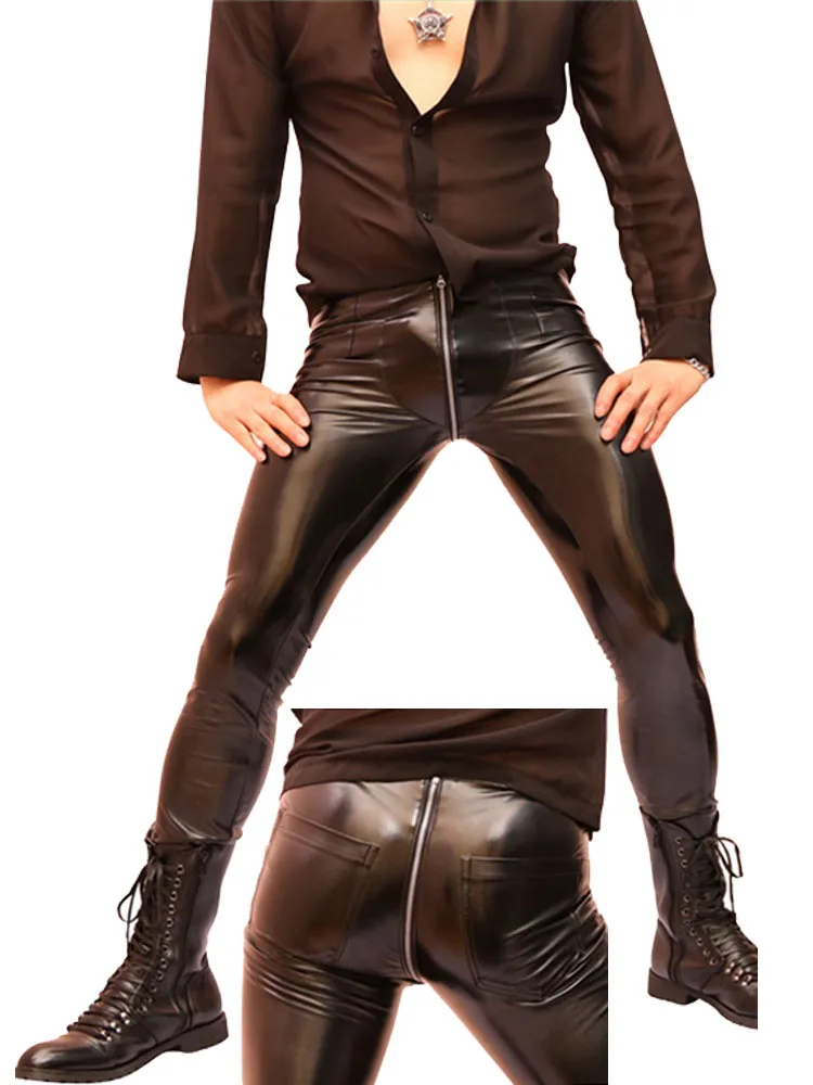 

M-4XL Брюки-карандаш из ПВХ с мокрым эффектом Блестящие брюки из искусственной кожи на молнии с открытой промежностью Выпуклая сумка Pantalon Spodnie Legging Сексуальная клубная одежда