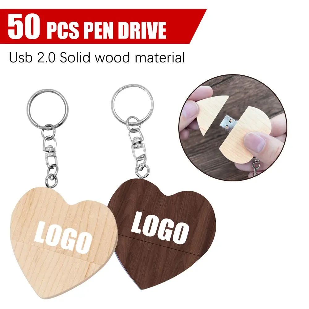 

50PCS/Lot Creative Love Heart Usb Flash Drive 4GB 8GB 16GB 32GB 64GB usb 2.0 Gift Wooden pen drive with Chain for Memory stick