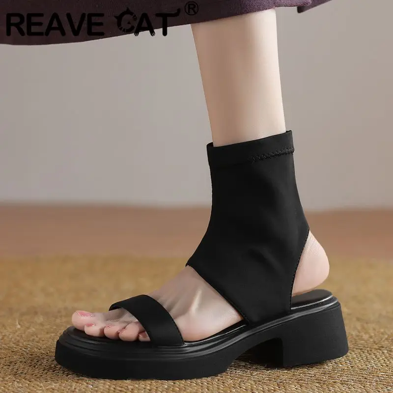 

REAVE CAT 2025 Новый дизайн Женские сандалии с круглым носком на толстом каблуке 5 см без шнуровки плюс размер 41 42 43 33 Мягкая повседневная женская обувь Лето