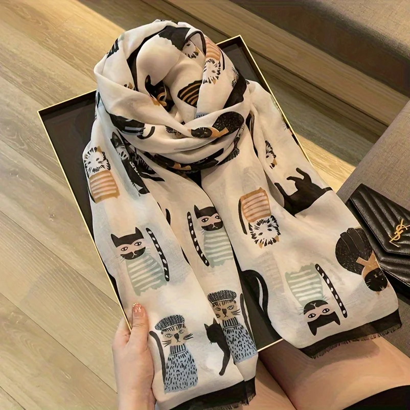 Cute Cartoon Cat Printed Scarf Thin Breathable Cotton Lined Feeling Fringe Shawl Sunscreen Beach Towel For Women Travel Vacation