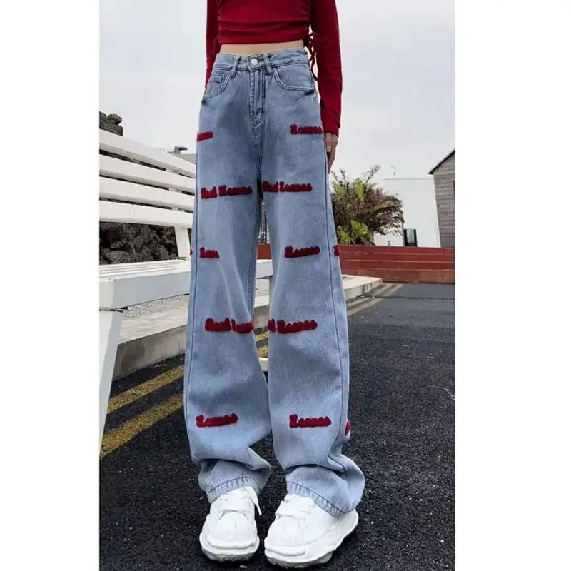 Streetwear Mode Damen hohe Taille gerade weites Bein Hosen Frühling Herbst Reiß verschluss Druck Damen bekleidung Tasche neue Jeans