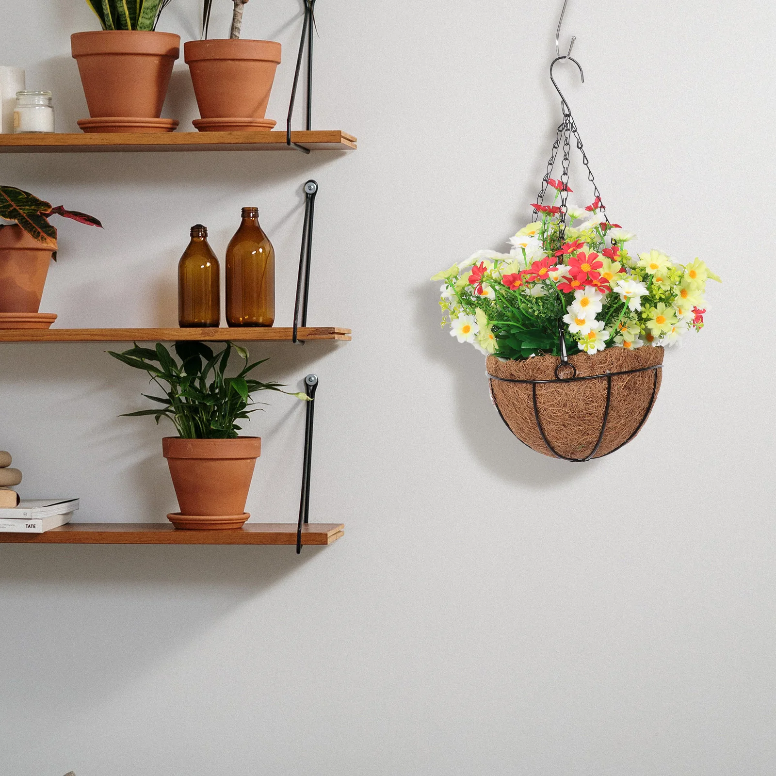 

Coconut Fiber Flower Basket Hanging Planter with Chain Artificial Flowers Baskets for Home Balcony Garden Decoration Safe