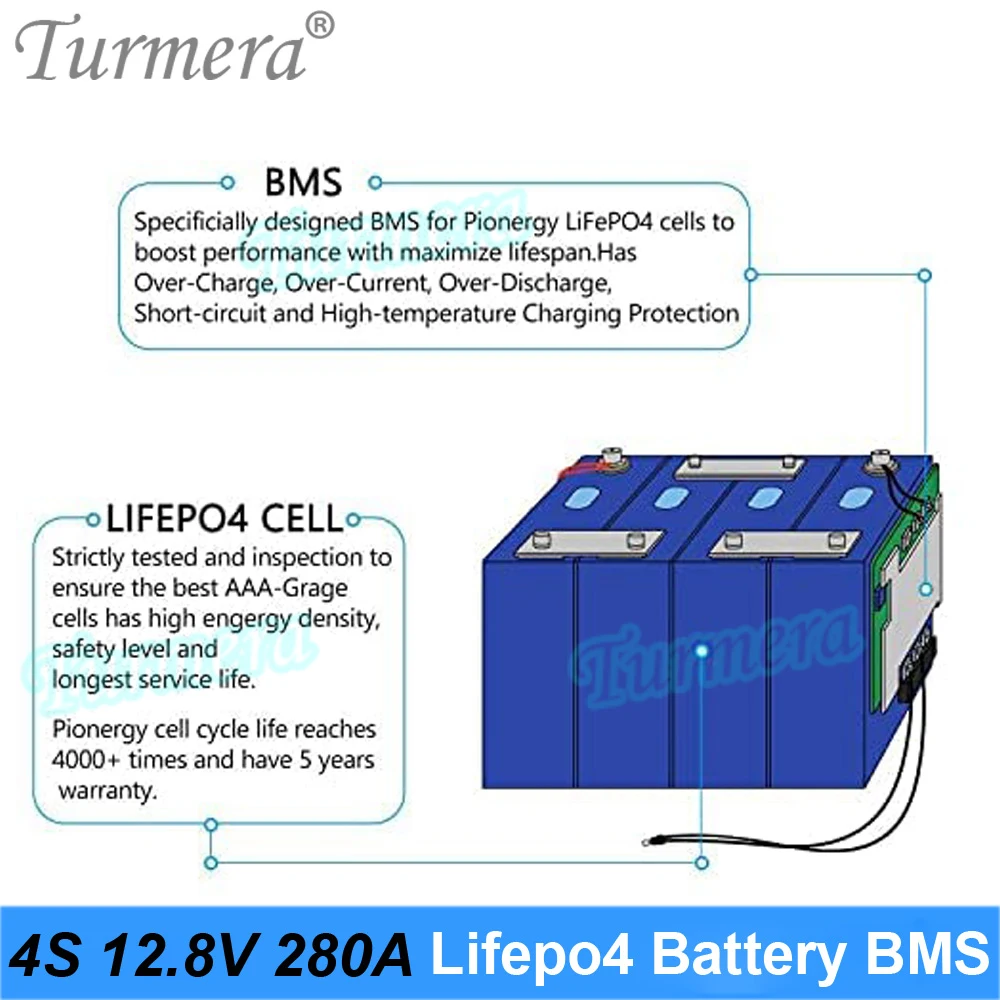 Turmera 4S 12.8V 200A 280A Balance Lifepo4 Battery BMS Balance Protected Board for 3.2V 200Ah 280Ah 320Ah Lifepo4 Batteries Use