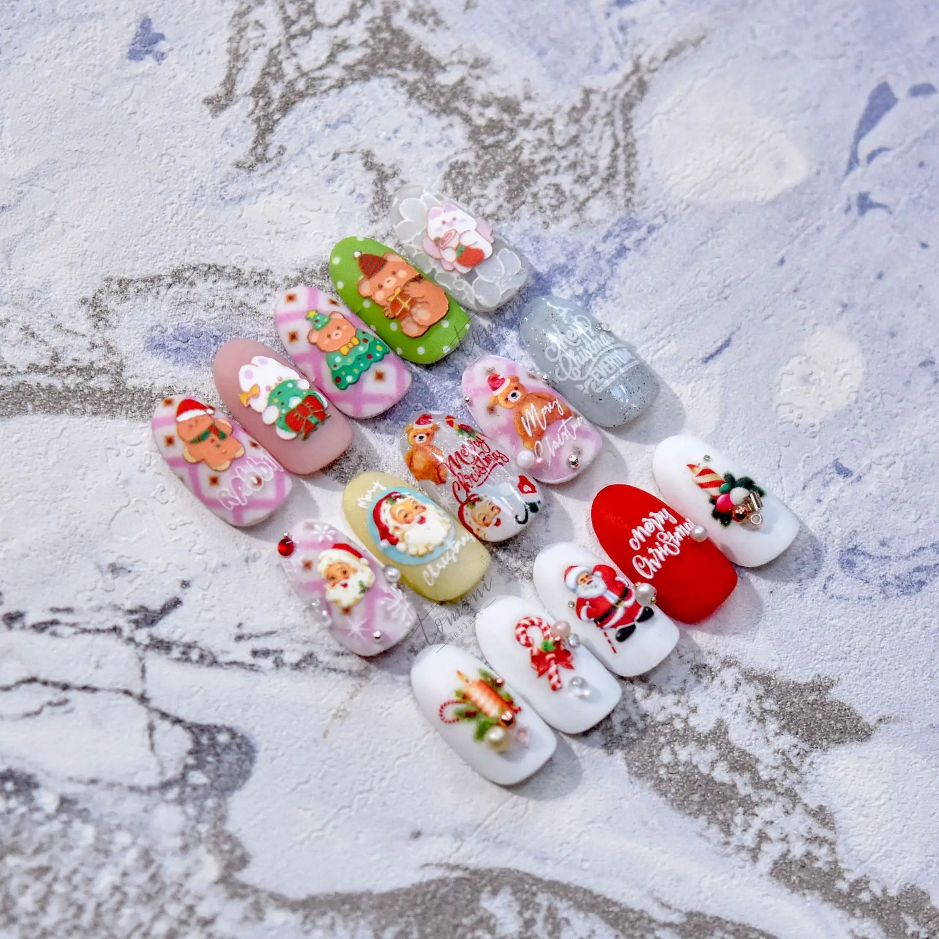 Merry Christmas Cartoon Santa Claus Bear Embossing High Quality Nail Art Sticker Adhesive Nail Decoration T-2424