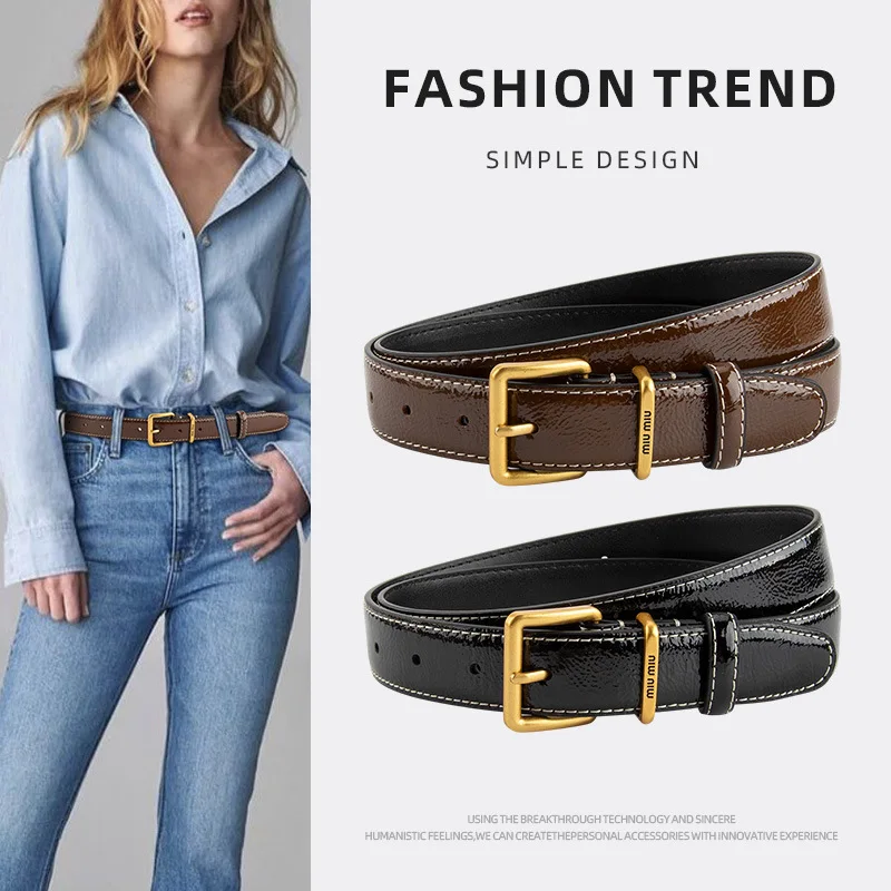 

Women's Leather Belt Lacquered Head Layer Cowhide Premium Pin Buckle Peplum Jeans Trendy Female Belt